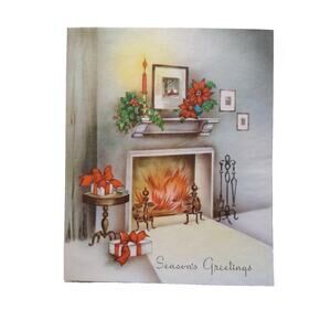Christmas Greeting Card Vintage Mid Century Modern Cozy Fireplace Candles Gifts